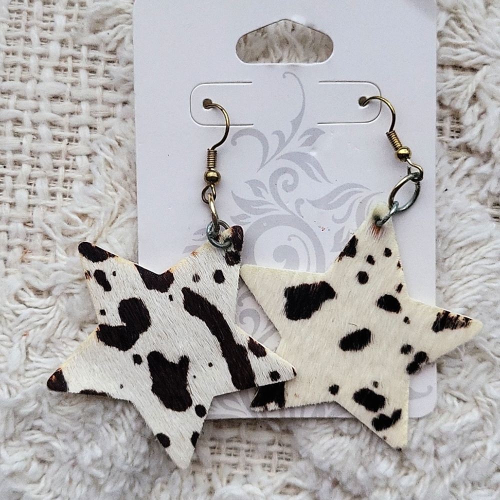 Cow print star earrings handcrafted NWOT